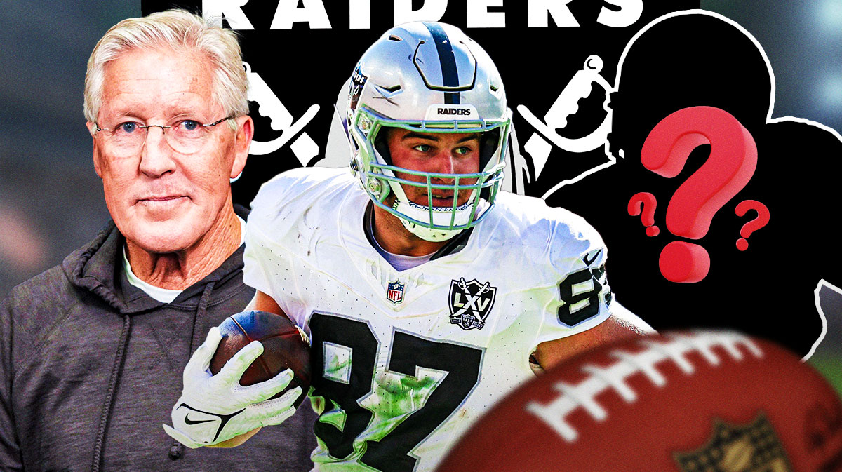 Las Vegas Raiders head coach Pete Carroll with TE Michael Mayer and a silhouette of an American football player with a big question mark emoji inside. There is also a logo for the Las Vegas Raiders.