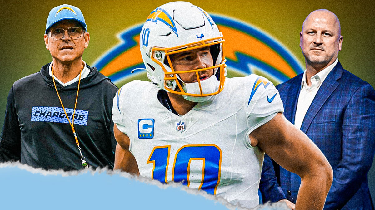 Justin Herbert, coach Jim Harbaugh, GM Joe Hortiz all beside each other, Los Angeles Chargers wallpaper in the background