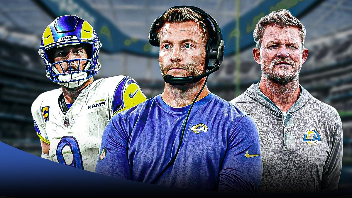 Matthew Stafford, coach Sean McVay, GM Les Snead all beside each other, Los Angeles Rams wallpaper in the background