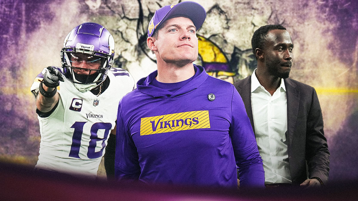Justin Jefferson, coach Kevin O'Connell, GM Kwesi Adofo-Mensah all beside each other, Minnesota Vikings wallpaper in the background