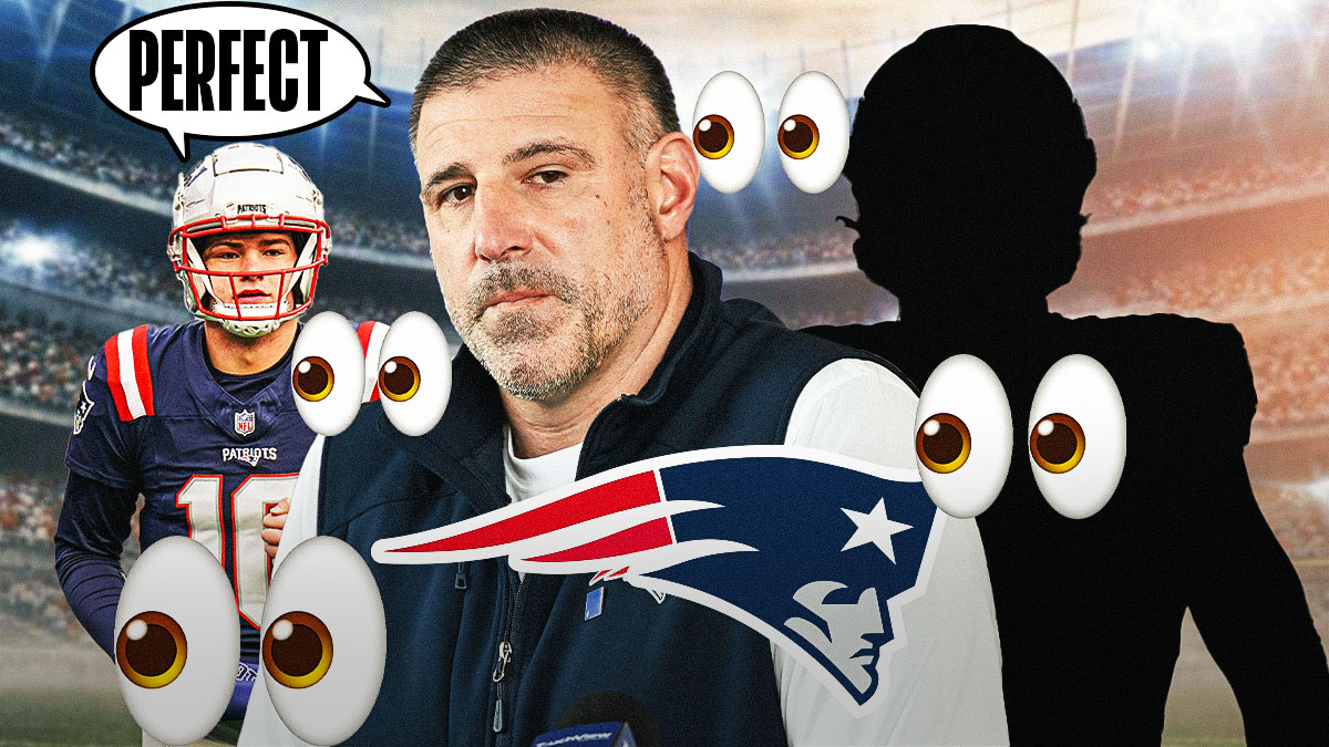 Patriots logo behind Mike Vrabel in Patriots gear and QB Drake Maye with speech bubble above both of their heads saying, 'PERFECT' next to a SILHOUETTE of WR George Pickens. Multiple 👀 emojis in background to indicate George Pickens is a trade target for the Patriots. Background is Gillette Stadium.