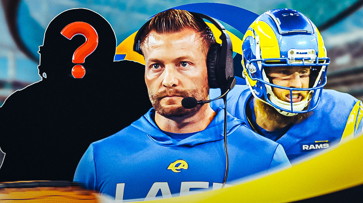 Los Angeles Rams head coach Sean McVay with WR Cooper Kupp and a silhouette of an American football player with a big question mark emoji inside. There is also a logo for the Los Angeles Rams.