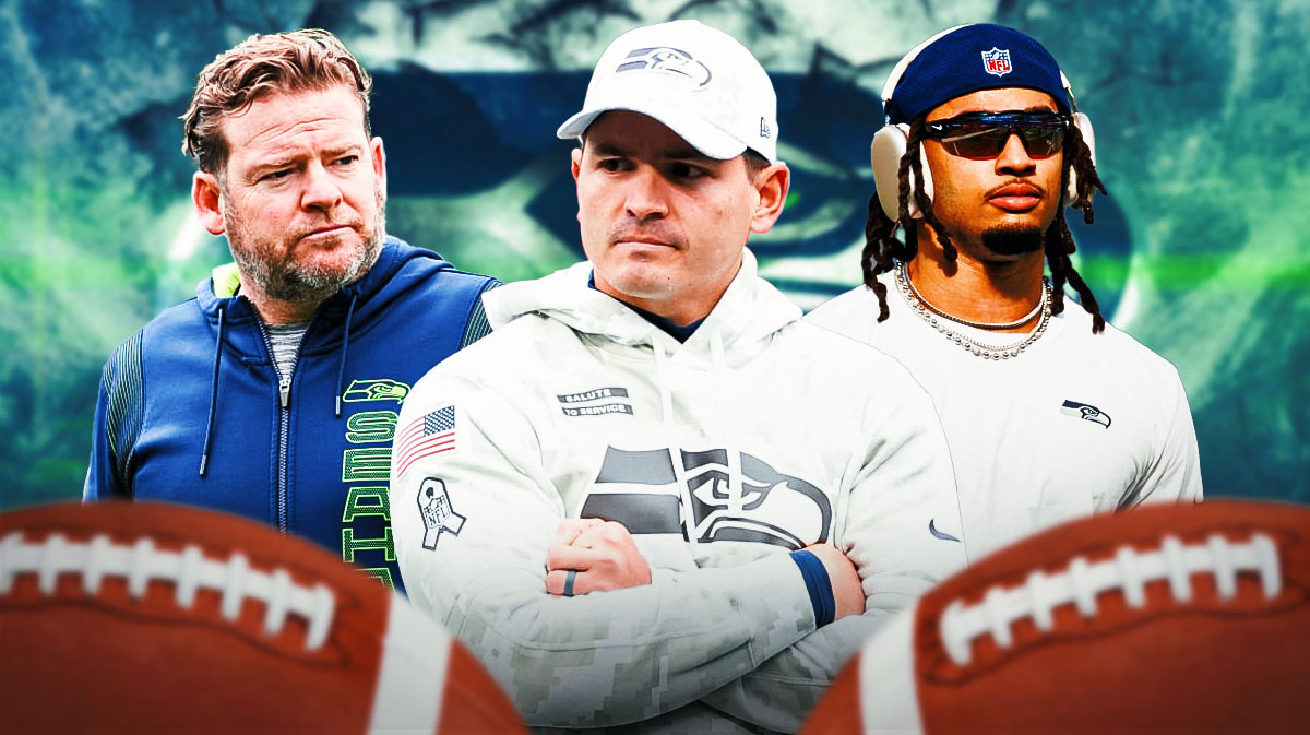 Jaxon Smith-Njigba, coach Mike MAcdonald, GM John Schneider all beside each other, Seattle Seahawks wallpaper in the background