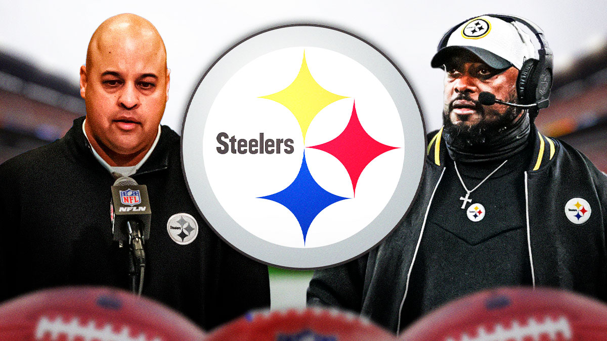 Mike Tomlin and Omar Khan next to Steelers logo.