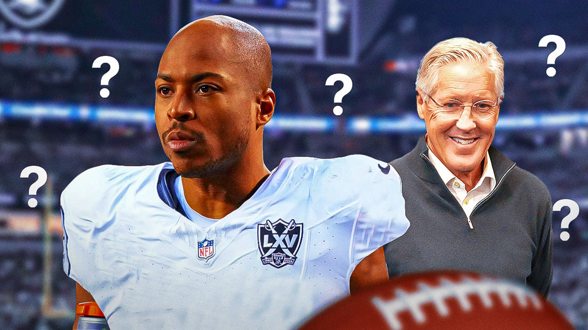 Tyler Lockett in a Raiders jersey and Pete Carroll with question marks around the picture.