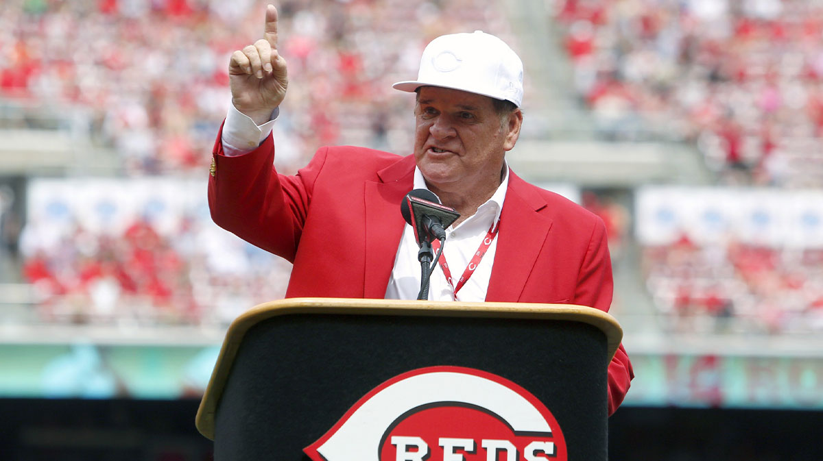 Jun 17, 2017; Cincinnati, OH, USA; Cincinnati Reds former player Pete Rose speaks during a pregame ceremony of the unveiling of his bronze statue at Great American Ball Park.