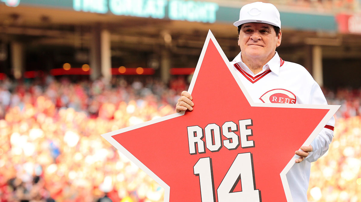 Reds great Pete Rose holds a star bearing his name before the MLB National League game between the Cincinnati Reds and the San Diego Padres at Great American Ball Park in downtown Cincinnati on Friday, June 24, 2016.