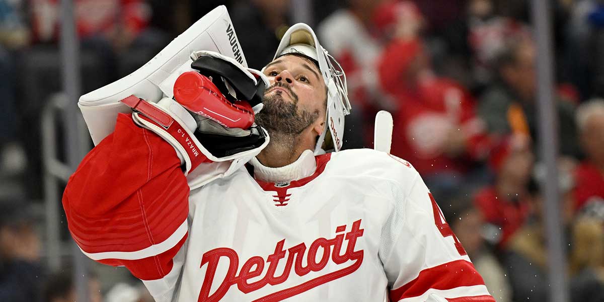 Detroit Red Wings goaltender Petr Mrazek (43) cools off during a timeout against the Buffalo Sabres in the third period at Little Caesars Arena.