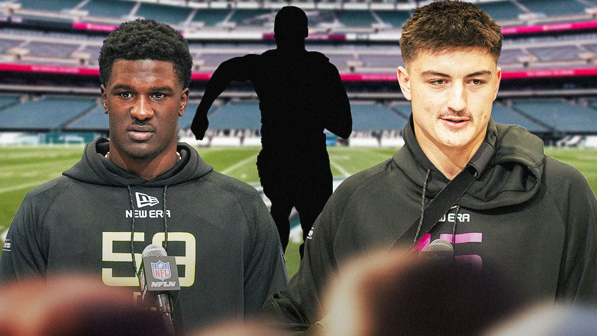 James Pearce, Colston Loveland, and the blacked-out silhouette of Malaki Starks in front of the Eagles stadium.