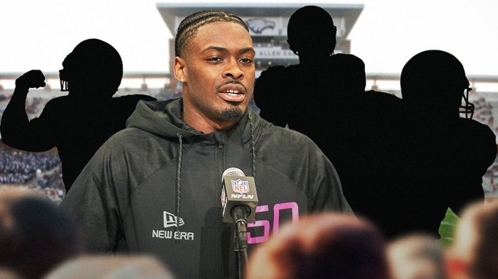 Malaki Starks next to three blank figures in front of the Eagles stadium.