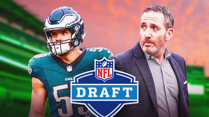 Howie Roseman on right. Zack Baun on left. NFL Draft logo in the middle