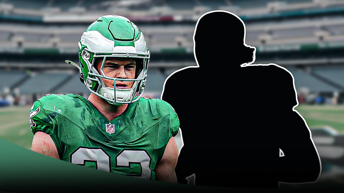 Reed Blankenship next to the blacked-out silhouette of Julian Blackmon on the Eagles field.