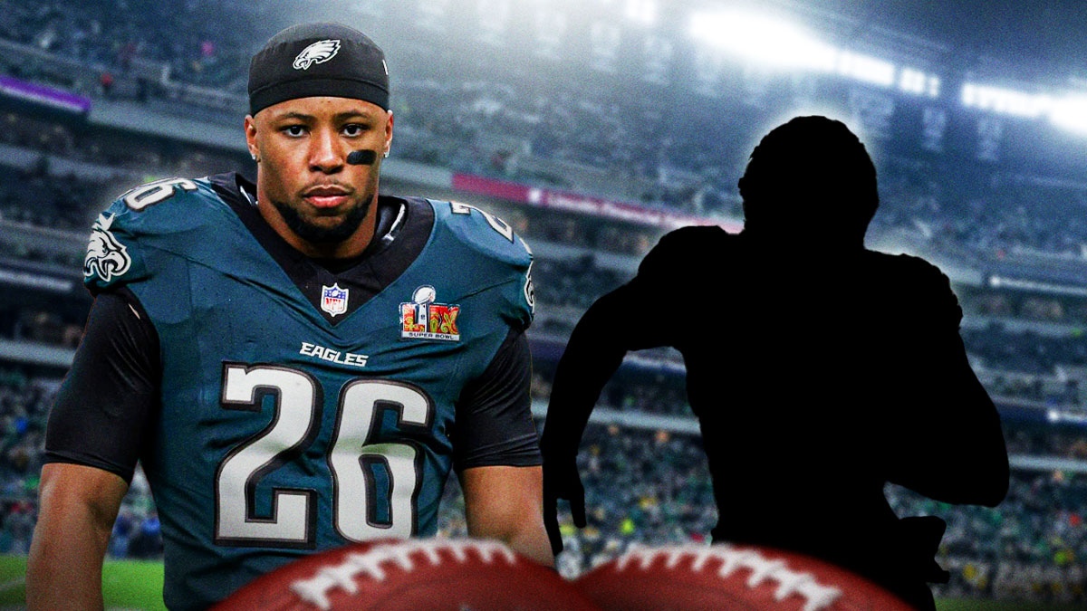 Saquon Barkley next to the blacked-out silhouette of AJ Dillon on the Eagles field.