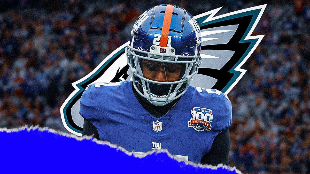 Giants Adoree Jackson with Philadelphia Eagles logo behind him