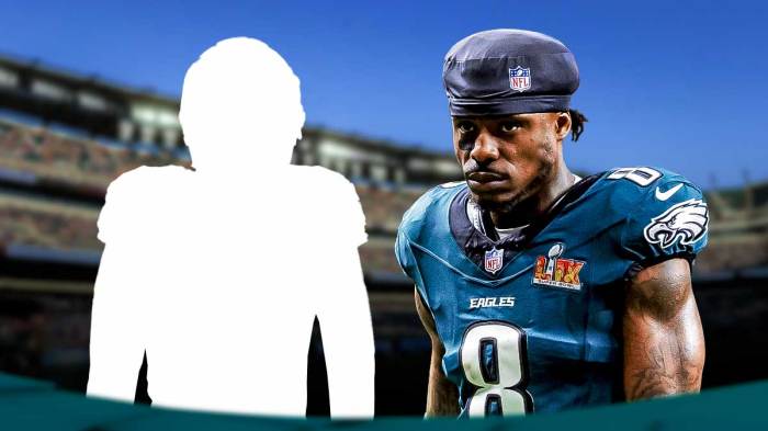 CJ Garner-Johnson (Eagles) next to the blacked-out silhouette of Julian Blackmon on the Eagles field.