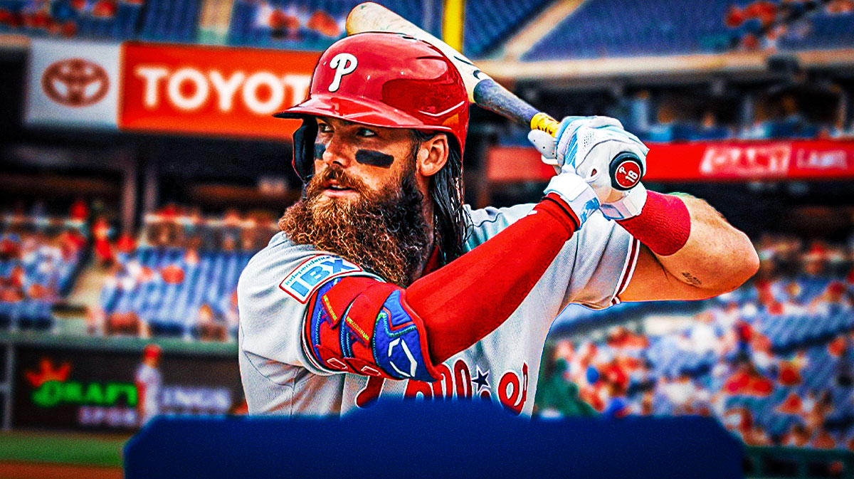 Philadelphia Phillies star Brandon Marsh in front of Citizens Bank Park.