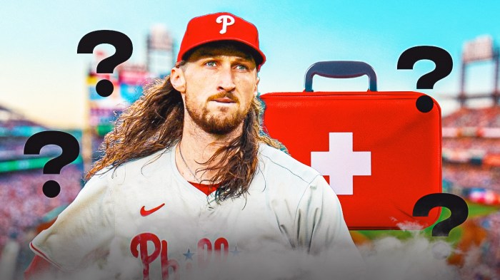 Matt Strahm in a Phillies uniform with a med kit and question marks around him