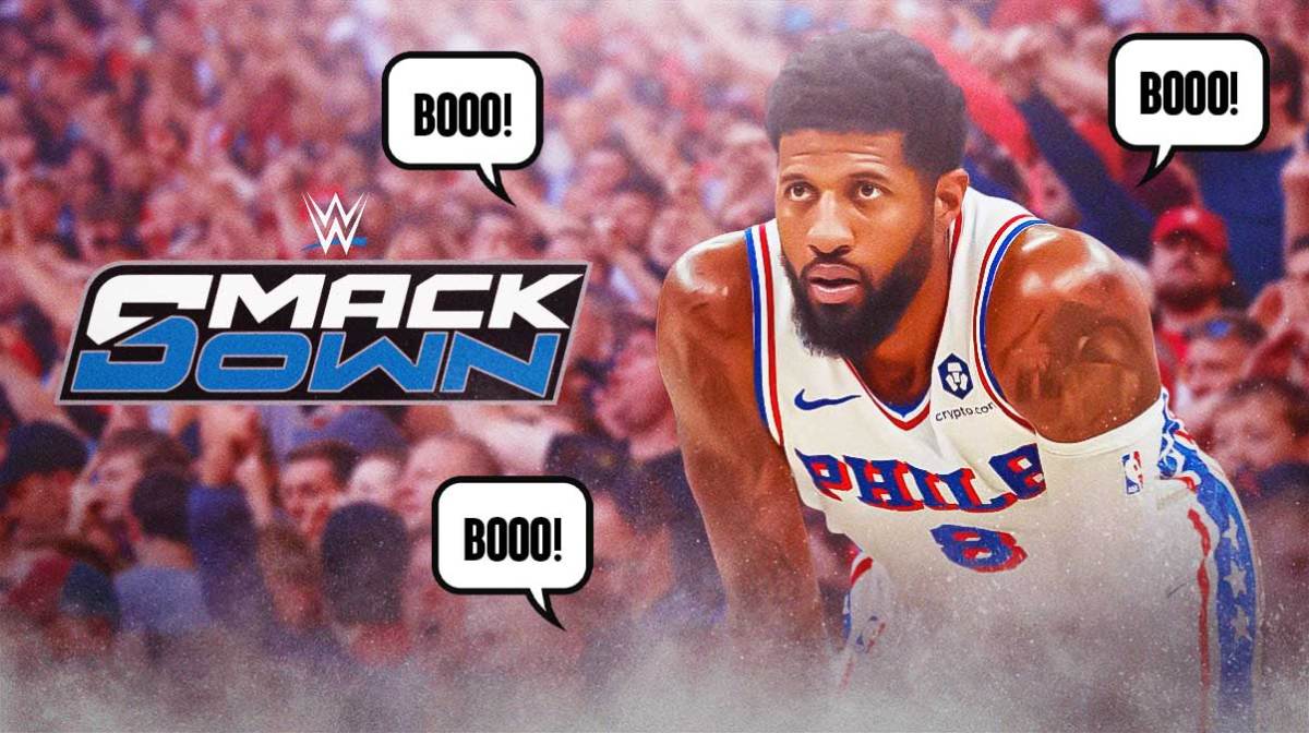 Paul George in front of the WWE SmackDown logo with fans booing him from the crowd.
