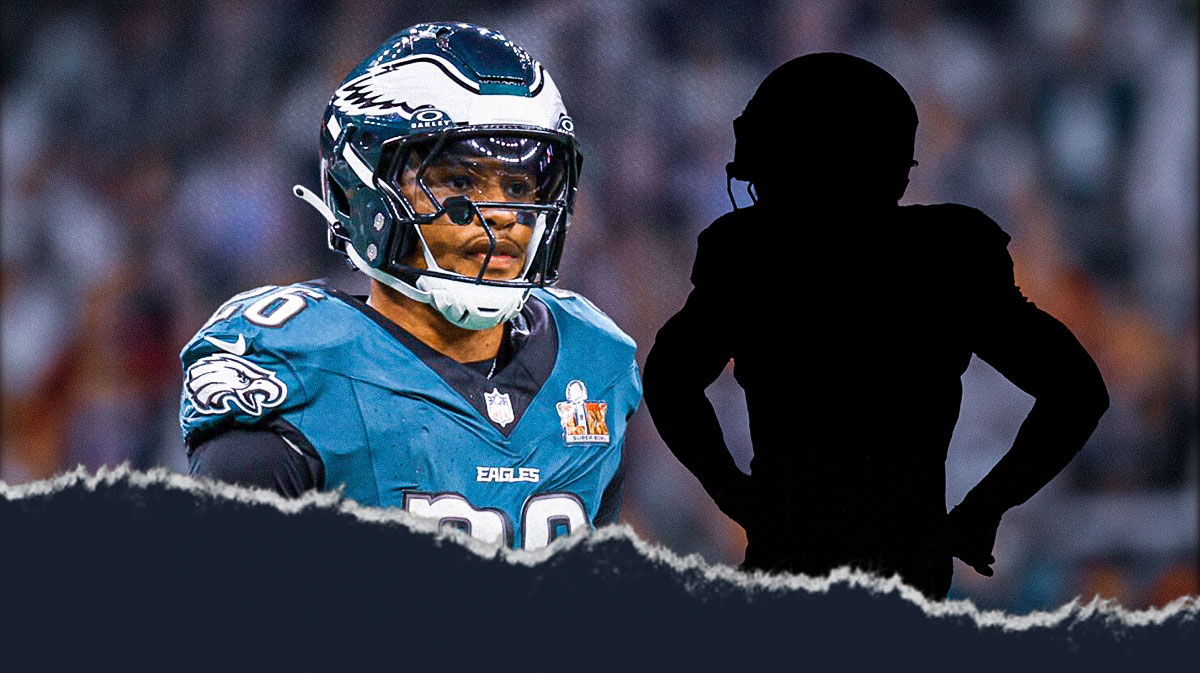 Saquon Barkley next to the blacked-out silhouette of AJ Dillon in front of the Eagles stadium.