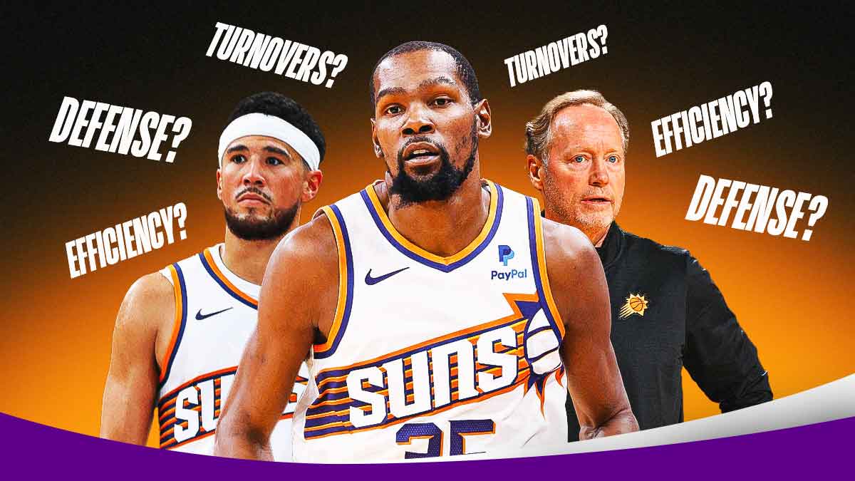The words "Defense?" "Efficiency?" "Turnovers?" are scattered throughout the image, with Suns players Kevin Durant, Devin Booker, and head coach Mike Budenholzer looking deflated.