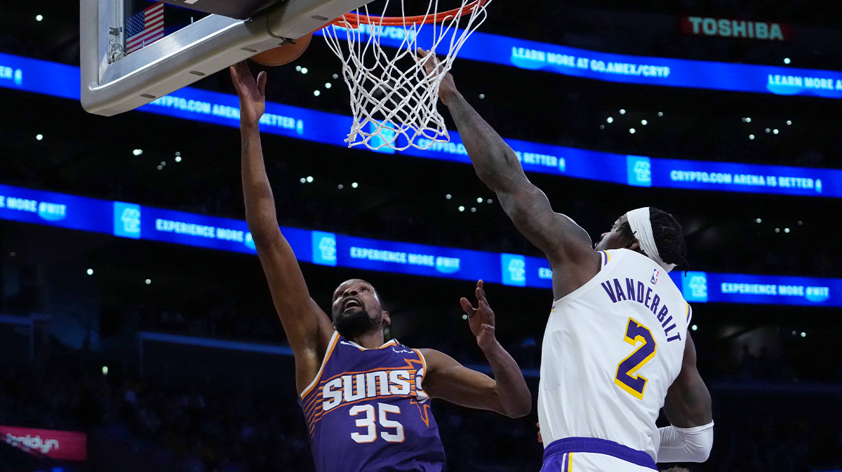 Phoenix Suns forward Kevin Durant (35) shoots the ball against Los Angeles Lakers forward Jarred Vanderbilt (2) in the second half at Crypto.com Arena.