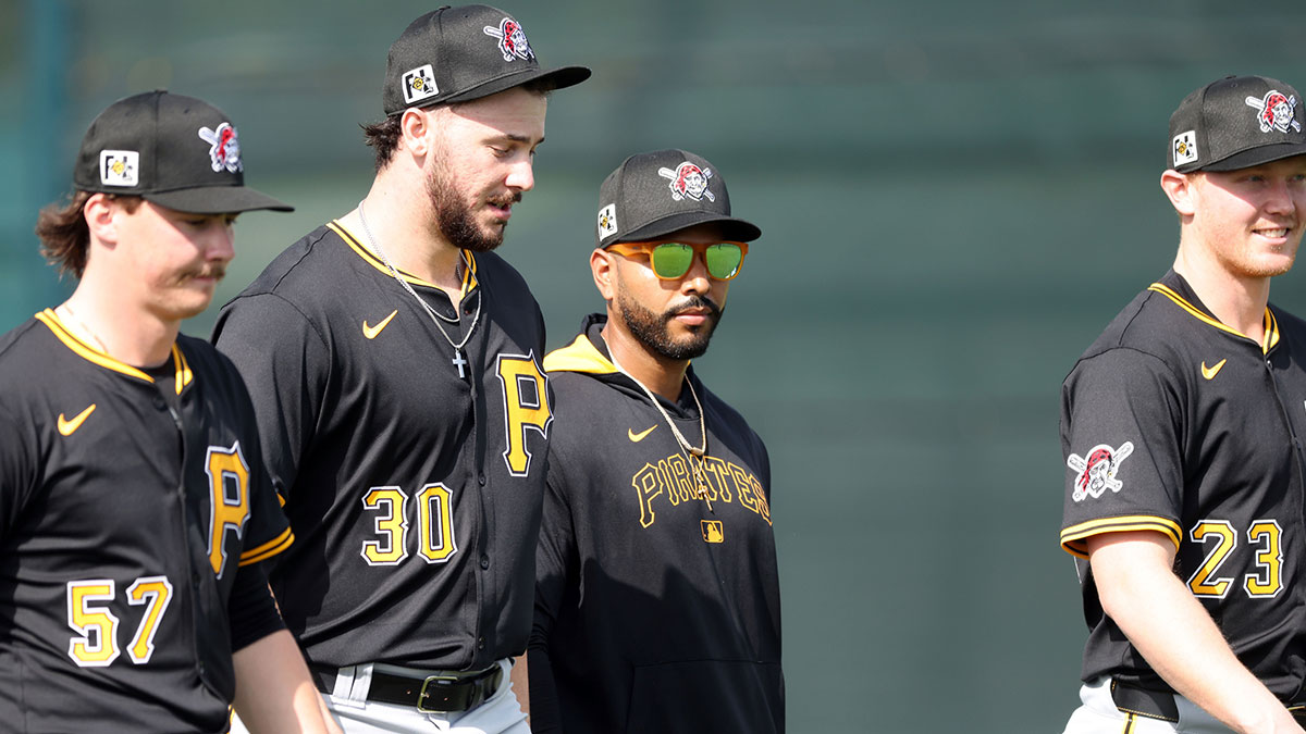  Pittsburgh Pirates pitcher Paul Skenes (30), pitcher Mitch Keller (23) and pitcher Bubba Chandler (57) walk to pitch during spring training workouts at Pirate City. Mandatory Credit: Kim Klement Neitzel-Imagn Images