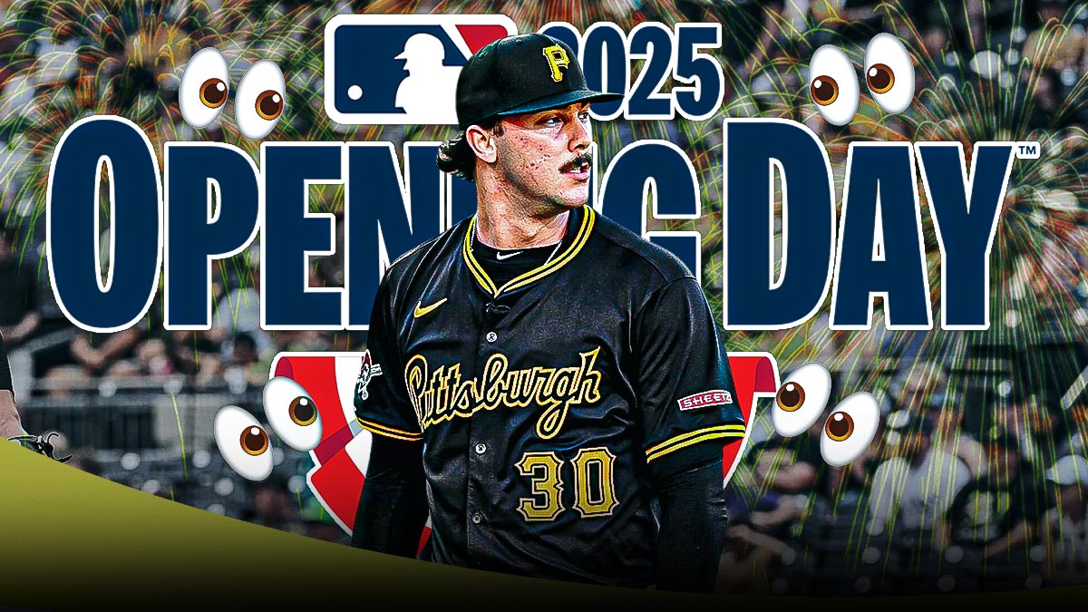 Pirates Paul Skenes with the Opening Day 2025 logo in the background with fireworks in the background too. There is the 👀 emoji
