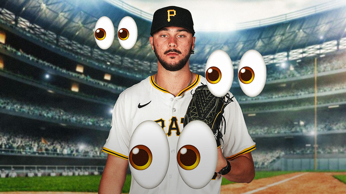 Paul Skenes in a pirates uniform. There are the eyes emoji surrounding him.