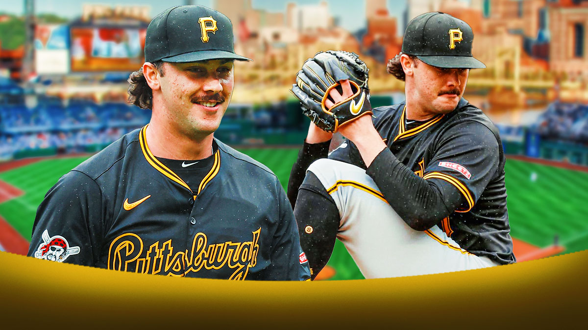 Pirates Paul Skenes smiling on left, Pirates Paul Skenes pitching a baseball on right. PNC Park background.
