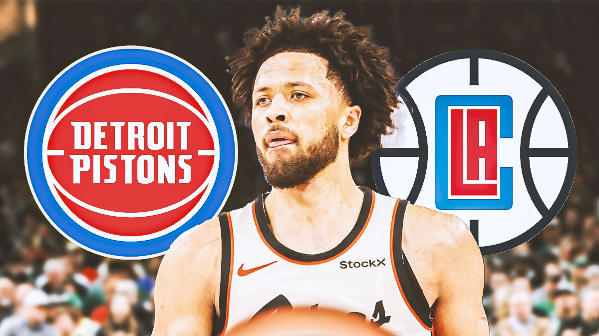 Cade Cunningham with Pistons and Clippers logo in the background.