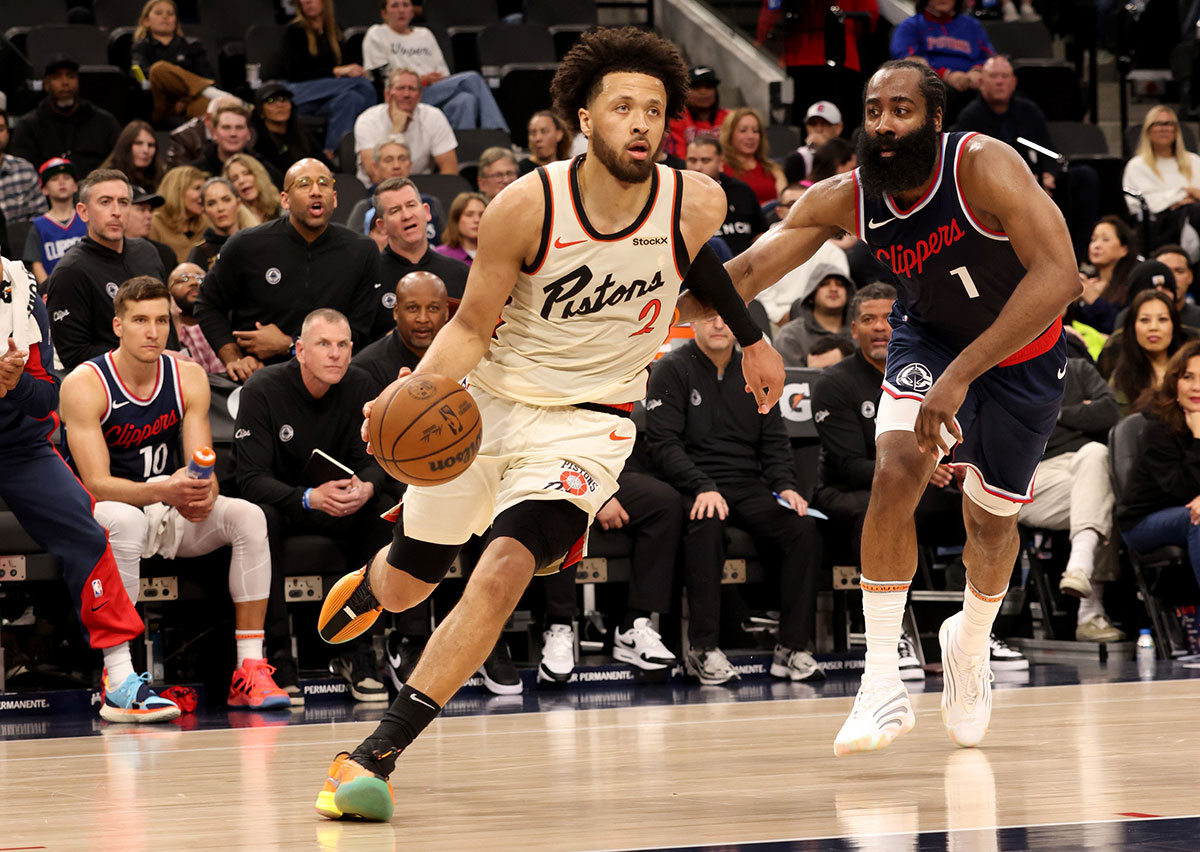 Detroit Pistons guard Cade Cunningham (2) drives against LA Clippers guard James Harden (1) during the third quarter at Intuit Dome.