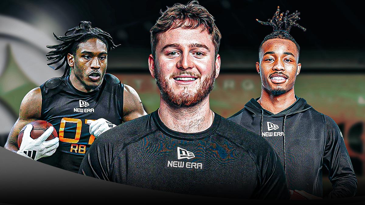 Jahdae Barron, Quinn Ewers, DJ Giddens beside each other, Pittsburgh Steelers wallpaper in the background