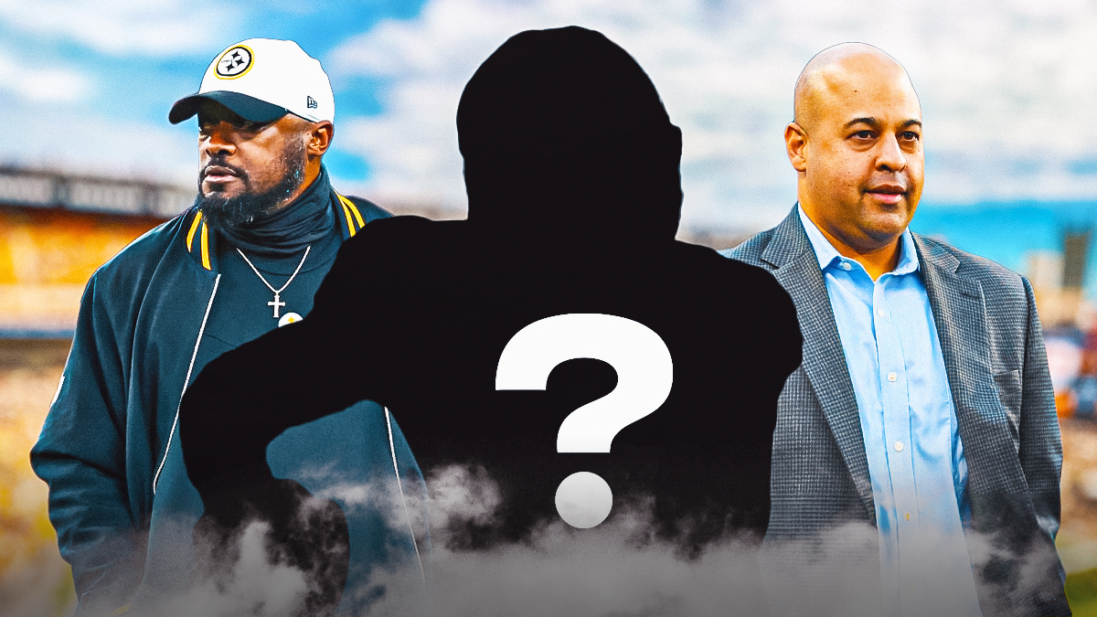 Blank player silhouette with question marks in center, Pittsburgh Steelers head coach Mike Tomlin on left side, Pittsburgh Steelers general manager Omar Khan on right side, Acrisure Field (home stadium of the Pittsburgh Steelers) in background