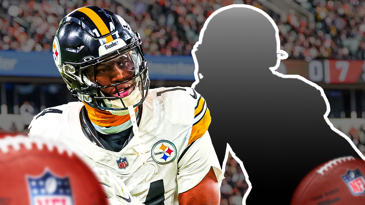 George Pickens next to the blacked-out silhouette of JK Dobbins in front fo the Steelers stadium.
