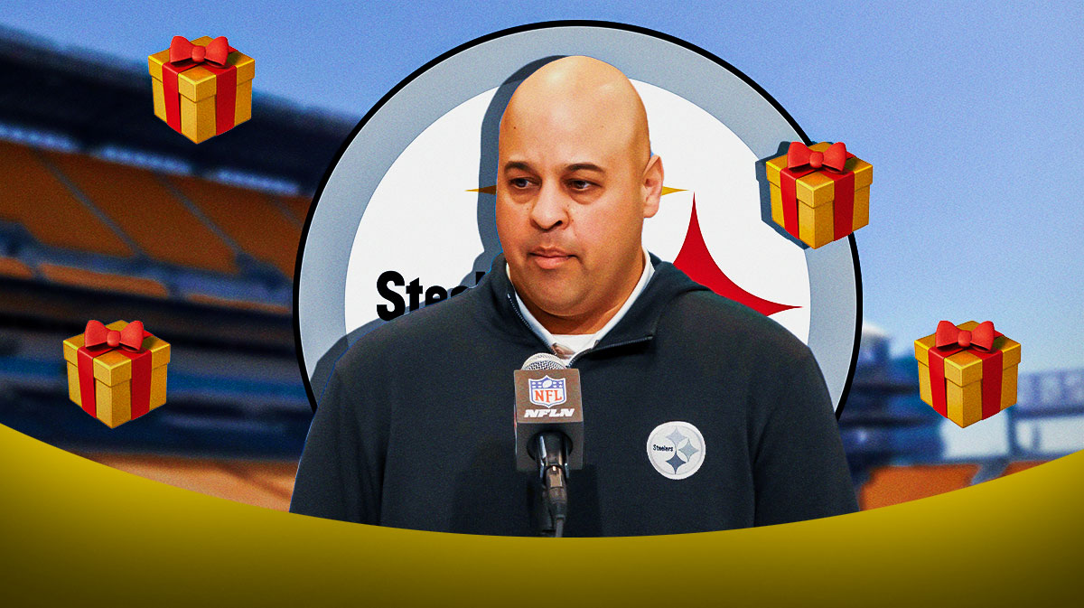 Steelers GM Omar Khan surrounded by gift emojis (🎁). There is also a logo for the Pittsburgh Steelers.