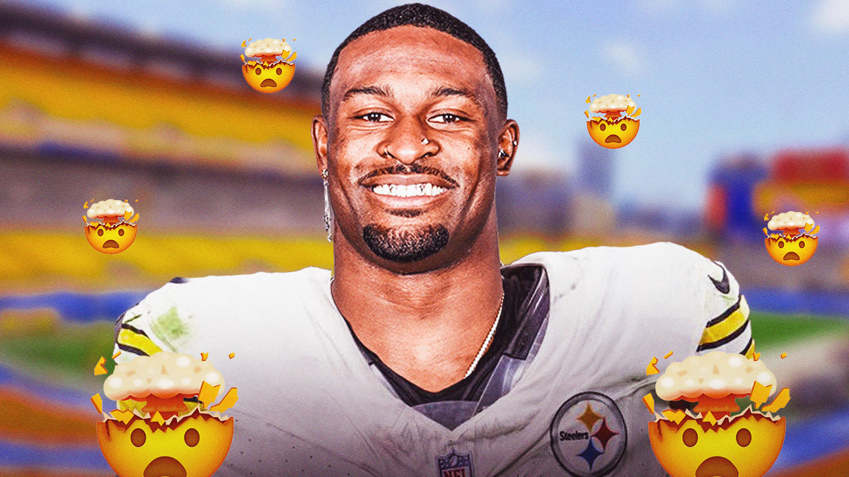 Seattle Seahawks star DK Metcalf jersey swapped into a Pittsburgh Steelers jersey. 🤯 emojis around Metcalf. Acrisure Stadium as the background image.