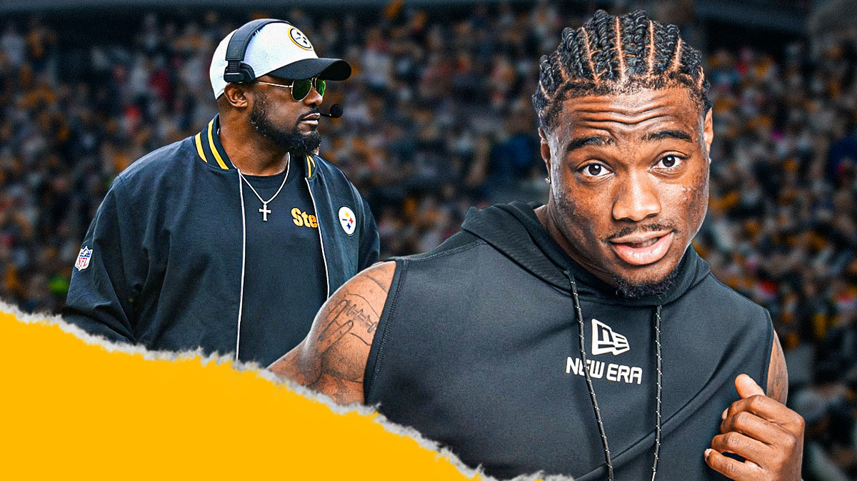 Jalen Milroe next to Mike Tomlin in front of the Steelers stadium.