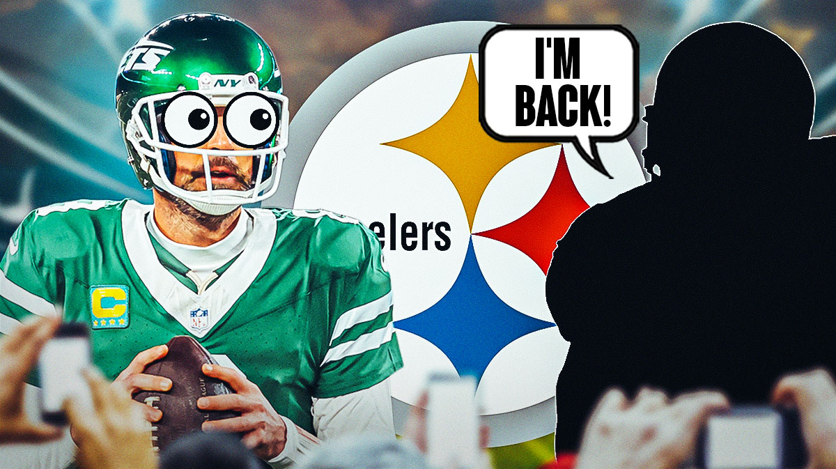 The Pittsburgh Steelers logo in the middle, Aaron Rodgers on one side with the big eyes emoji over his face, a silhouette of Mason Rudolph on the other side with a speech bubble that says "I'm back!"
