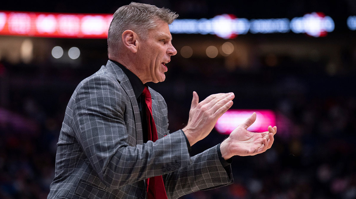 Oklahoma Sooners Head Coach Porter Moser works the sideline against the Georgia Bulldogs during their first round game of the SEC Men's Basketball Tournament