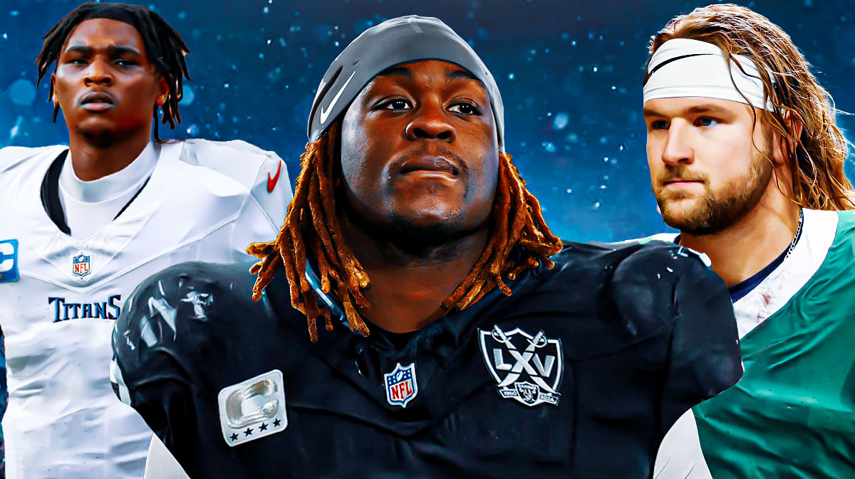 2025 NFL MOck Draft with Cam Ward in a Titans jersey with Ashton Jeanty in a Raiders jersey on one side and Tyler Warren in a Jets jersey on the other.