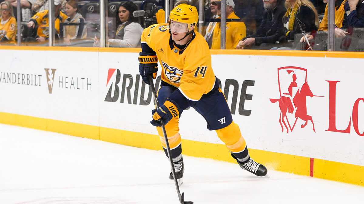 Nashville Predators center Gustav Nyquist (14) skates behind the net against the Florida Panthers during the third period at Bridgestone Arena.