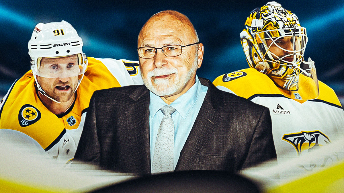 Predators GM Barry Trotz in the center, Steven Stamkos on the left, Juuse Saros on the right