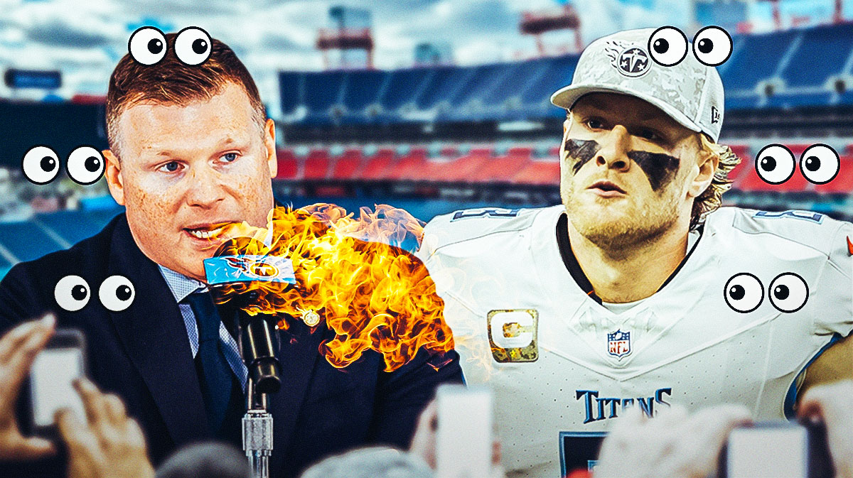 Chad Brinker on one side breathing fire, Will Levis on the other side with the big eyes emoji around him