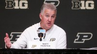 Purdue Boilermakers head coach Matt Painter fields questions from the media Friday, March 14, 2025, after the Big Ten Men’s Basketball Tournament game against the Michigan Wolverines at Gainbridge Fieldhouse in Indianapolis. Michigan Wolverines won 86-68.