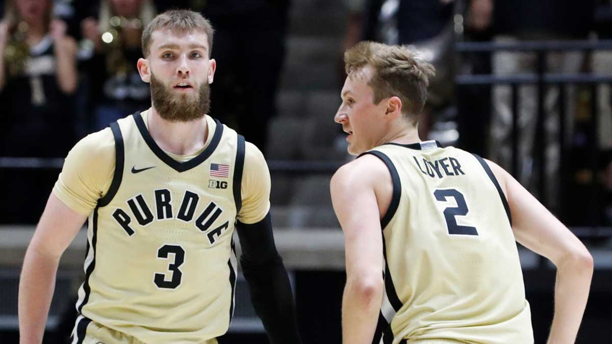 Purdue Boilermakers guard Braden Smith (3) high-fives Purdue Boilermakers guard Fletcher Loyer (2) Sunday, Jan. 12, 2025, during the NCAA men’s basketball game against the Nebraska Cornhuskers at Mackey Arena in West Lafayette, Ind. Purdue Boilermakers won 104-68. 