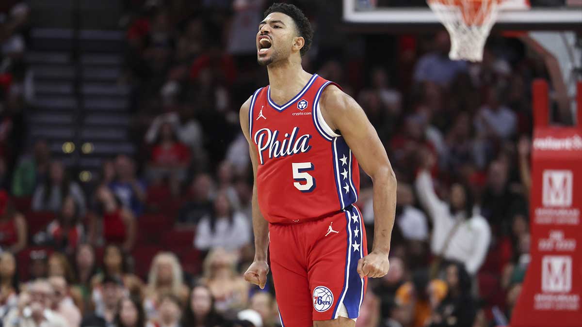 Philadelphia 76ers guard Quentin Grimes (5) reacts after making a basket during overtime against the Houston Rockets at Toyota Center.