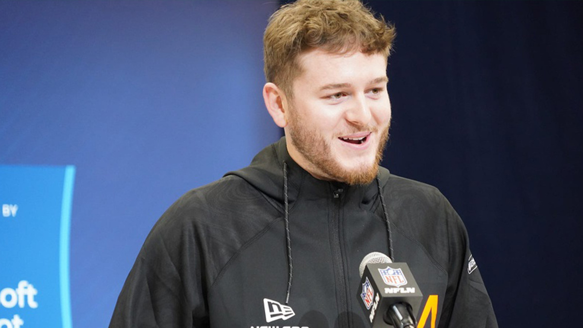 Texas quarterback Quinn Ewers speaks to the media at the 2025 NFL combine.