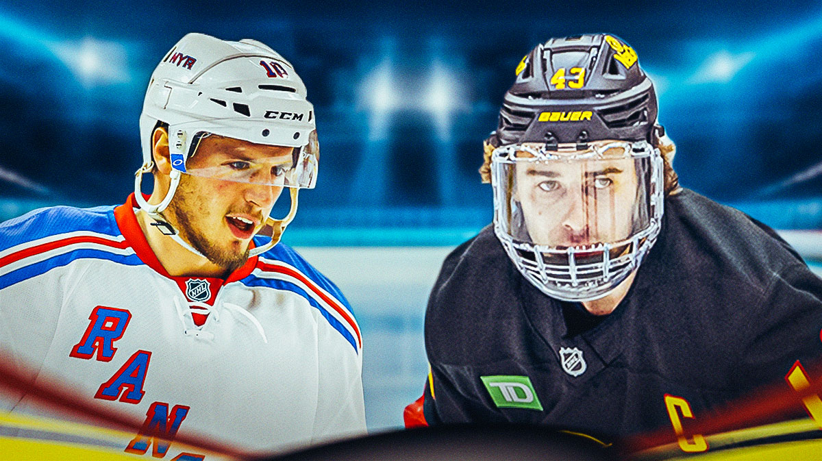 Canucks player Quinn Hughes standing next to JT Miller in a New York Rangers jersey.
