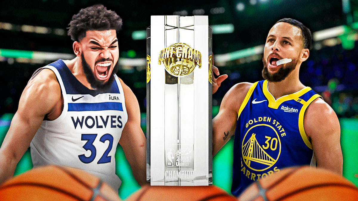 Karl-Anthony Towns and Stephen Curry with the Three-Point Shooting Contest trophy.