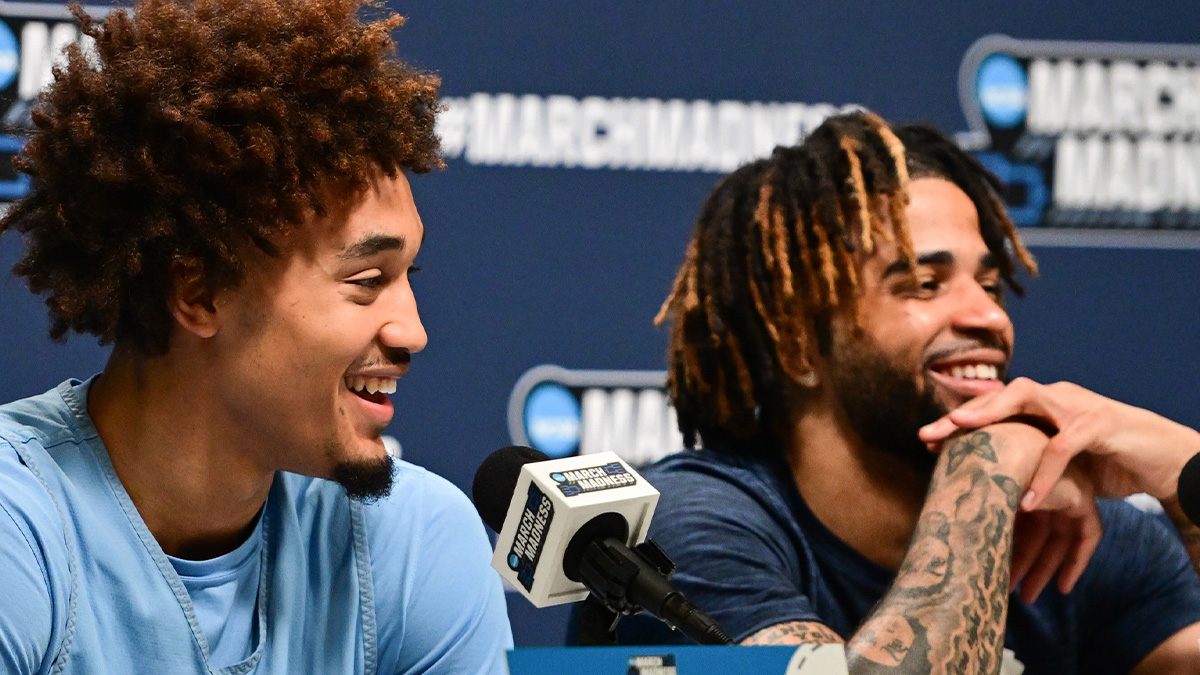 North Carolina Tar Heels guard Seth Trimble (left) and guard RJ Davis speak at press conference during NCAA Tournament First Round Practice at Fiserv Forum.